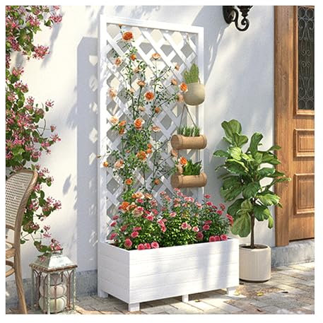 Jardinière Brise Vue Treillis Plante Grimpante Exterieur Treillis Jardin, Lit de Jardin surélevé avec Treillis pour Plantes grimpantes de Vigne, Fleurs, légumes avec Trous de Drainage (Color : Wit,