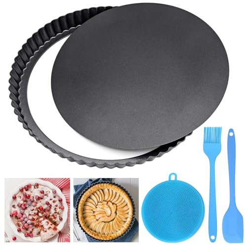 WHENZOO Quiche Pan, 22cm/8.7in Carbon Steel Loose Bottom Pie Tin, Fluted Tart Tin, Flan Case Tin with 3 Silicone Tools Removable Non-Stick Coating, Baking Tart Pan for Tarts Mousse Cake Pie Quiche