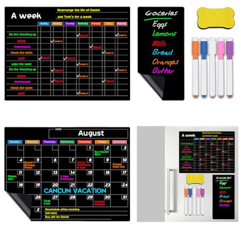 KyeeaDIY 3 Stücke Magnetic Refrigerator Calendar Mealplanner Familienplaner Magnettafel Magnetischer Wochenplaner Abwischbar Aufgabenplaner Whiteboard für Aufgaben Businesspläne (Schwarz)