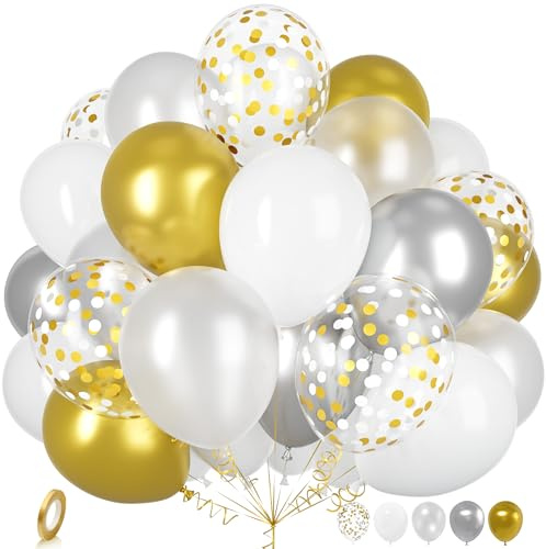 Ousuga 30 Pezzi Palloncini Oro Bianco Argento, 12 Pollici Bianco Perla Opaco Metallizzato Coriandoli Lattice per Compleanno Matrimonio Anniversario Baby Shower Feste