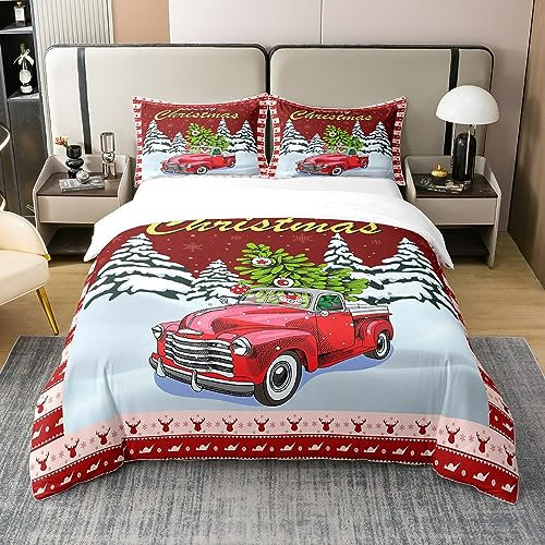 Loussiesd Weihnachten Bettbezug Set mit 2 Kissenbezug Weihnachten Bettbezug Set Rot Cartoon Auto Betten Set Cute Schneeflocke Baumwolle Bettwäsche Set 220x240cm für Jungen Mädchen Kinder Erwachsene