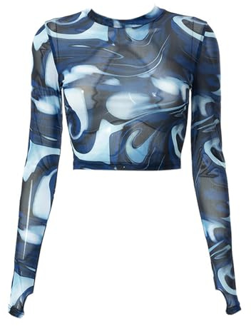 Hanaoops Maglietta Donna Trasparente Maglie in Rete Sexy Mesh Tops Elegante Manica Lunga Camicette Leggera Crop Top Basic Shirts Slim Fit T Shirt in Tulle Clubwear Bluse