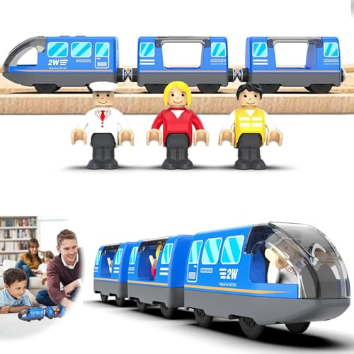 Eisenbahn Elektrische lok Holzeisenbahn Zug, Batteriebetriebener Lokomotivzug (Magnetverbindung), Leistungsstarker Motorzug Kompatibel mit Thomas, Brio, Chuggington,Blau