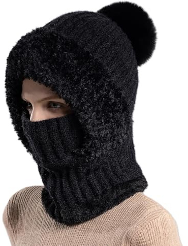 AYPOW Damen Winter Gestrickte Sturmhaube, Multifunktionale Warm Strickmütze Wintermütze Verstellbare Gesichtsmaske mit Halswärmer, Dickes Fleece Gefüttert Beanie Mütze, Winter Outdoor Sportmütze