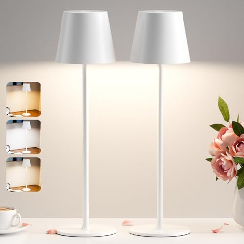 PreeOtti Tischlampe Kabellos, LED Tischleuchte Akku Dimmbare 2er Set mit 3 Farbtemperatur, Stufenlos Dimmbar, Touch Lampe mit USB-C Aufladbar für Outdoor Nachttisch Esstisch Camping(Weiß)