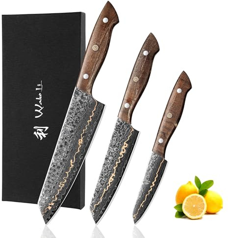 Wakoli Kawa 3er Messerset, 67 Lagen Damaststahl, VG10 Kern, Kupfereinlage | Full-Tang-Bauweise, Ahornwurzelholzgriffe, Mosaik-Pin und 15° V-Schliff; Santoku, kleines Santoku und Officemesser in Holzbox