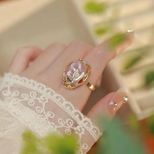 Perlenring für Damen, unregelmäßiger Perlenring, Blatt-Strassring, Barockperlenring, goldener Vintage-Perlen-Stapelring, verstellbarer Ring mit offenem Ende, modischer personalisierter Perlenring (Sil