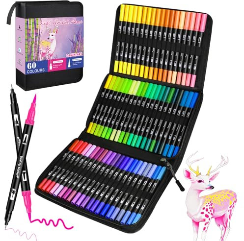 Camiki Art Filzstifte Set, 60 Farben Dual Brush Pen Set, Filzstifte Dicke und Dünne 1-5mm und 0,4 mm Pinselstifte und Fineliner Marker zum Zeichnen, Aquarellstifte für Kinder und Erwachsene