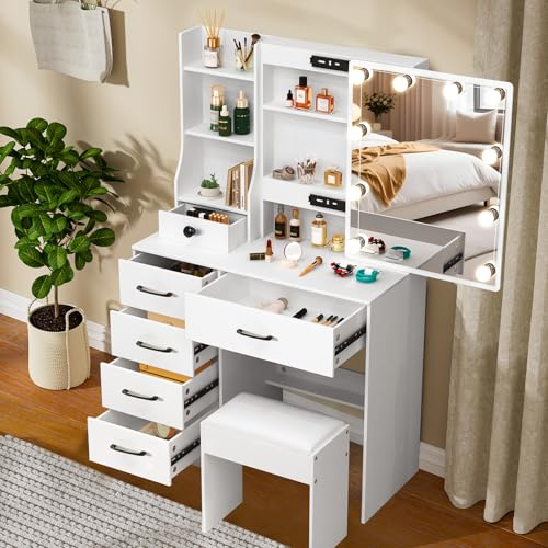 Teousev Postazione Trucco con Sgabello e Specchio, Toeletta Trucco con Luci, Toilette Trucco con 6 Cassetti e 6 Ripiani Aperti, 80X36X131cm, Moderno, Bianco, JR560106