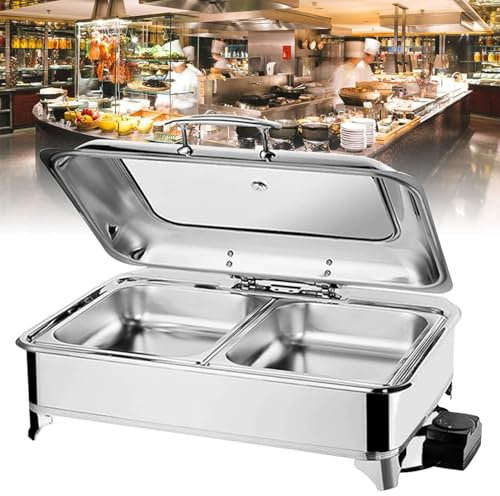 TsoLay Chafing Dish Eléctrico De 400 W, Juego De Buffet De Chafing Dish De Acero Inoxidable con Tapa Y Tapa De Vidrio, Control De Temperatura De 9 Niveles De Calefacción, para Catering