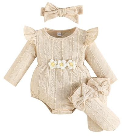 Kunyeah 3Pcs Bebé Niña Trajes Mono de manga larga con volantes para bebé + cinta para el pelo con lazo + calcetines Mono de flores para recién nacido (Beige, 0-3 Meses)