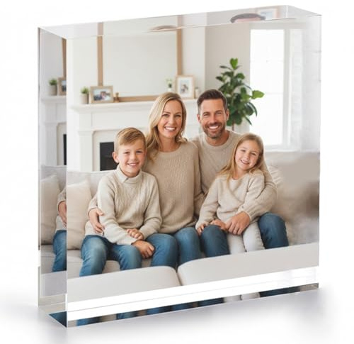 PB TECH Personalised Acrylic Crystal Clear Photo Block Plaque With Your Photo Picture Image Logo And Text 3D Effect - Custom Gift for Man Women Family for Birthday Christmas Valentines Day (Square)
