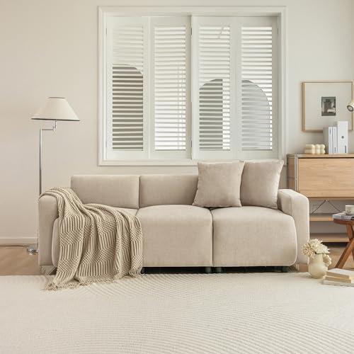 A ALFRESCOOL 3-Sitzer-Sofa, 211cm Sofa mit Schlaffunktion, Chenille Couch mit 2 Kissen, Polstermöbel für Wohnzimmer, Schlafzimmer (Creme)