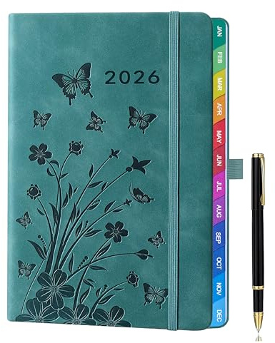 HwxBen Diary 2026 A5 Week-to-View Planner (Jan - Dec 2026) – Teal, Floral Design, with Colorful Monthly Tabs, Elastic Pen Holder, 2 Bookmarks, Pen Loop, and Inner Pocket