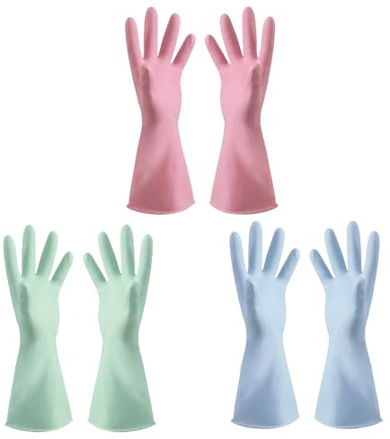 KSVFTB 3 Pairs Reusable Rubber Gloves With Non-Slip Grip, Embossed Palm for Kitchen and Bathroom Dishes Cleaning