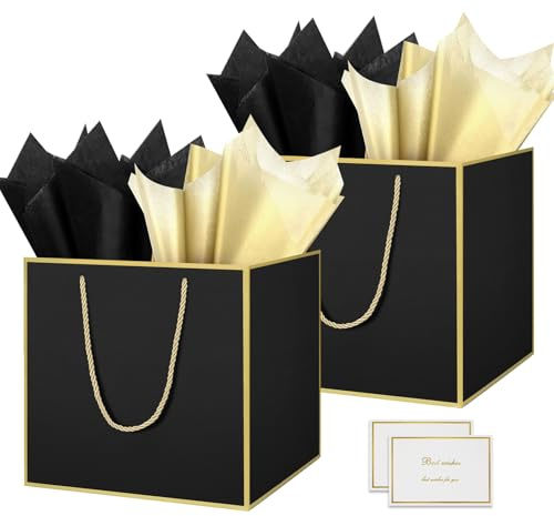 HONTIUS 11.8 Quadratische Geschenktüten, Geschenktüten Groß Geschenktüte xxl mit Taschentuch und Karten, Schwarz Goldene Linie Geschenk Tüte Papiertüten mit Henkel 30*30*30cm Gift Bag Bags 2 Stück
