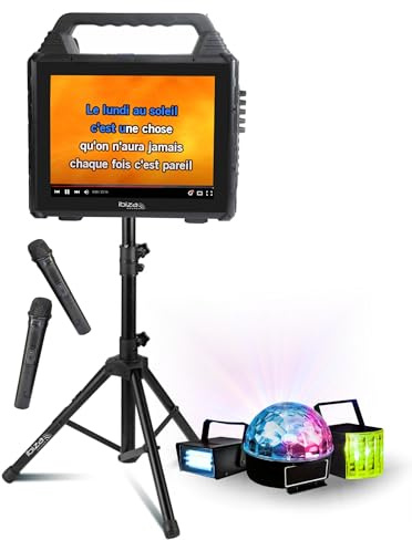 Ibiza - Pack Karaoké Enceinte Autonome Ecran USB Bluetooth Ibiza KARAVISION sur Pied - 3 Jeux Lumière Astro Strobe Derby - Evénements Soirée