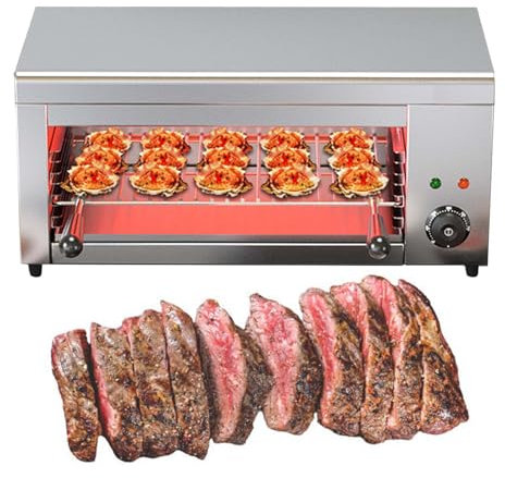 Electric Countertop Salamander Oven, 2000W Commercial Stainless Steel Steak Cooker with 4-Level Adjustable Grill Height, 360° Even Heating, 122–572°F and Removable Oil Tray
