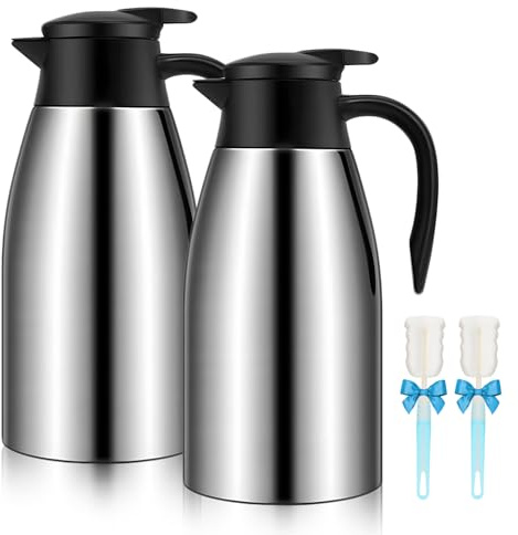68oz Thermal Coffee Carafe, 2 Pack Airpot Insulated Coffee Urns Stainless Steel Vacuum Thermal Pot Dispenser for Coffee, Hot Water, Tea, Hot Beverage - Keep 12 Hours Hot, 24 Hours Cold (Silver,Silver)