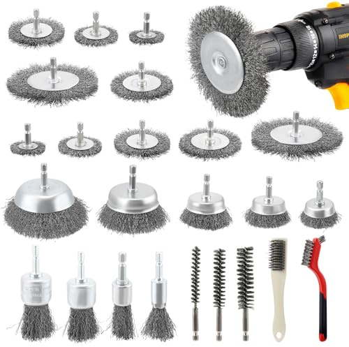 Coffret de 24 embouts de brosse métallique, tige hexagonale de 6 mm pour visseuses sans fil, kits de différentes tailles pour l'élimination de la rouille et le polissage.