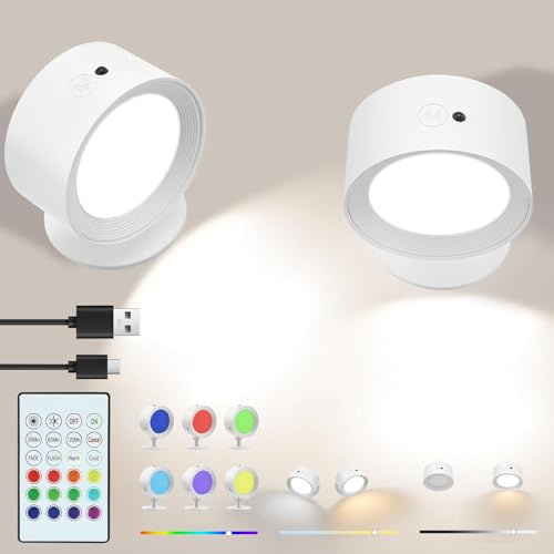 2Pcs Rechargeable Wall Lights Indoor, Wireless LED Wall Lights with RGB Remote and Touch Control, Magnetic Mounted Reading Wall Lamp for Bedroom, Bedside, Living Room (White)