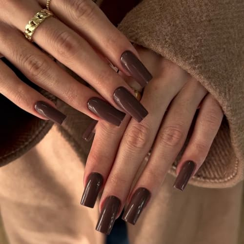 SXVME Long Press on Nails Square, Brown False Nails Medium Long Coffin, Glazed Acrylic Fake Nails Press on, Solid Glossy Dark Coffee Soft Gel Stick on Nail for Women Fall Winter, 24 Pcs