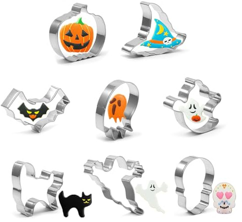 8 cortadores de galletas de Halloween, cortadores de galletas de calabaza, murciélago, sombrero de bruja, gato, fantasma, cortadores de galletas para suministros de fiesta de Halloween, decoraciones