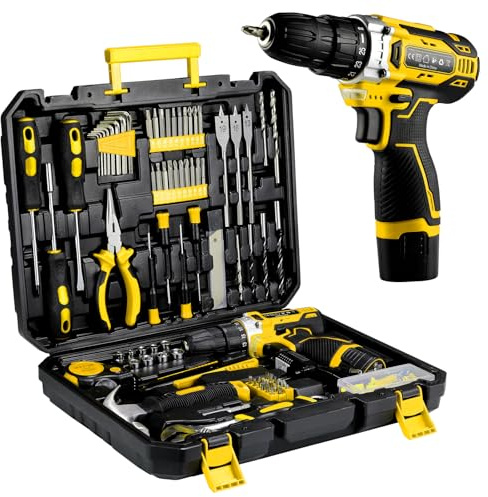 TLGREEN Caja Herramientas con Destornillador Electrico/Taladro 12V,Maletin Herramientas Completa 138 Piezas,Kit Juego de herramientas profesionales, para Bricolaje y Arreglos Diarios (amarillo)