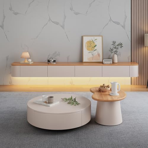 Btsunotr Mobile TV Galleggiante Mobile TV A Parete Mobile Portaoggetti Per La Casa Con Ante Console Multimediale Per L'intrattenimento Ad Angolo Rotondo Per Soggiorno Moderno In (Two-Tone+New, 300cm)