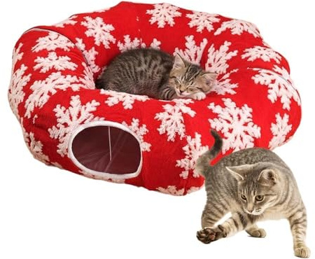 2026 Neu Katzentunnel, Katzen Tunnel für Katzen Rund, Katzenliege Donut Katzenbett aus Plüsch mit Fellknäuel, Katzenspielzeug für Indoor, Weiches Katzenbett (Rot)
