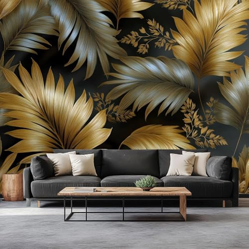 Fotomurales 200 x 140 cm, Plantas Tropicales Hojas Palma Murales Papel Pintado, Decoración de Paredes, para salón Dormitorio Habitación Infantil Fondo de Tv Decoración, Oro