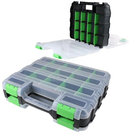 Boîte de rangement à outils double face avec 34 cloisons amovibles en polypropylène pour vis, écrous, boulons et petit matériel – Couvercle transparent, poignée supérieure, organiseur de garage et
