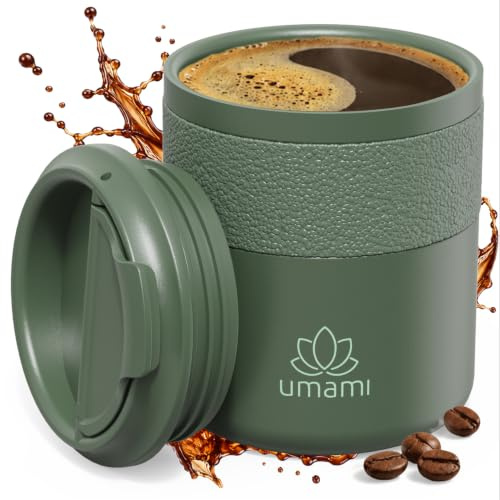 Umami Mug Isotherme Cafe/The, Acier Inoxydable, 100% Étanche Vert | Tasse Isotherme Voyage Inox Double Paroi, 6h Chaud - 12h Froid, Adapté Porte-Gobelets Voiture, Revêtement Antidérapant 280 ml