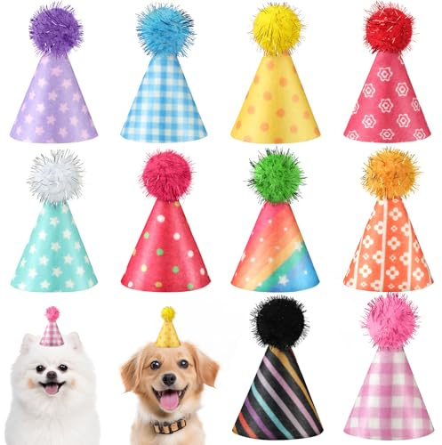 HOTUT 10 Stück Partyhüte, Mini Muster Partyhüten mit Pompon und Verstellbares Gummiband, Kegelhüte für Kuscheltiere, Hunde, Katzen, Verschiedene Tiergeburtstagsdekorationen, Partydekor