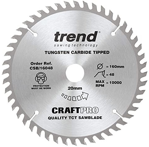 Trend Holz Kreissägeblatt, 160mm Durchmesser, 20mm Bohrung, 48 Zähne, HW, 2,4mm Schnittbreite, +15° Haken, CSB/16048