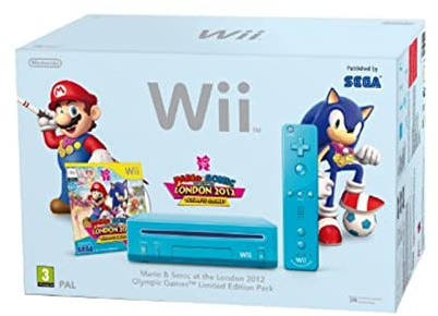 Nintendo Wii Console (Blue) with Mario and Sonic at the London 2012 Olympic Games (New Slim-Style)