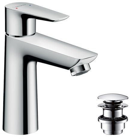 hansgrohe Talis E - Waschtischarmatur mit Push-Open Ablauf, Wasserhahn Bad mit Auslauf Höhe 110 mm, Mischbatterie Waschbecken wassersparend (EcoSmart), Chrom