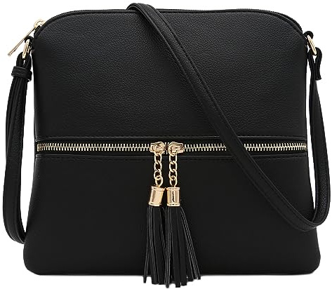 DELUXITY Lightweight Medium Crossbody Bag with Tassel (Black)