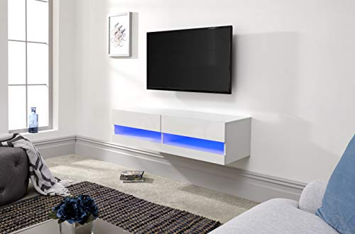 GFW Galicia 120cm Wall TV Unit with LED, White Floating TV Cabinet with Lift-Up Doors and Hidden AV Storage, Modern Entertainment Unit