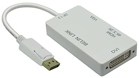 DP to HDMI VGA DVI Adapter Displayport to HDMI 4K Adapter 3 in 1 Display Port to HDMI VGA DVI Converter Male to Female Gold-Plated (Diamond Shaped) (4K Rectangle White)