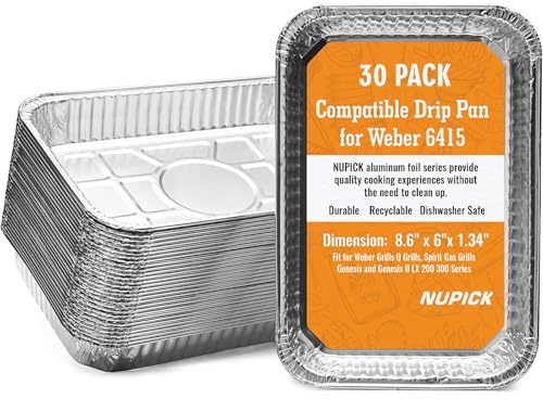 NUPICK Confezione da 30 padelle per griglia compatibili con Weber, 6415, accessori per griglia per Weber Spirit, Genesis, Traveler, serie Q, fodere per grasso per grill, vassoi per grasso in alluminio