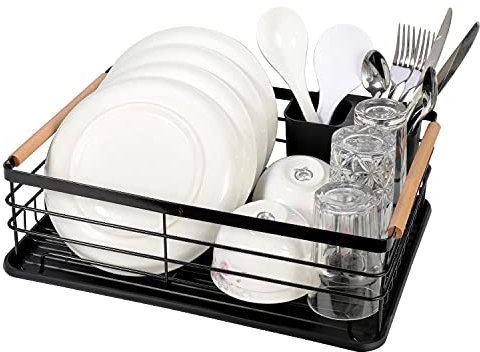 Vinsani Deluxe Dish Drainer Drying Rack with Wooden Handles Drip Tray Draining Board and Removable Cutlery Holder, Minimalist Dish Rack, 42.5 x 30.5 x 14cm (Black)