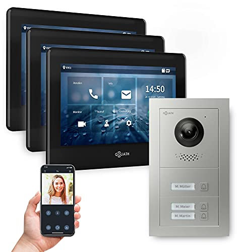 Goliath Hybrid | 2-Draht Bus | Full-HD Video Türsprechanlage | App | 3-Fam | 3 x Full-Touchscreen 7 | Aluminium Unterputz Türstation | 3 Klingel | 180° Ultra-Weitwinkel | AV-BUS-531