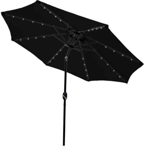 Sonnenschirm mit LED Beleuchtung in Schwarz 2.7m 270cm Gartenschirm Kurbelschirm Garten 360 Drehung Wickelkurbel Kippfunktion 32 Solarbetrieb LED Lichter UV Schützend Wasserdichter Regenschutz