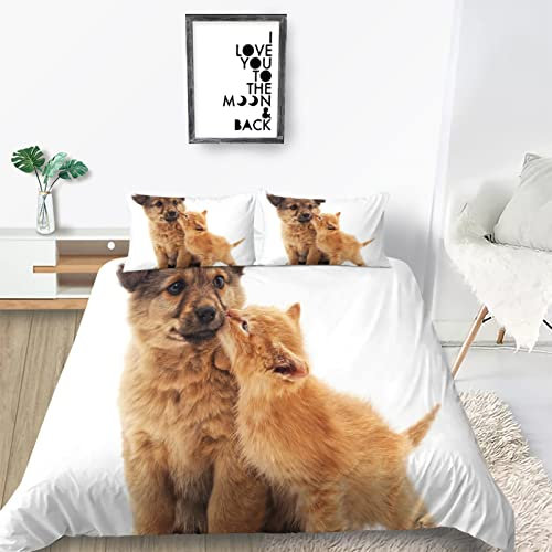TMMDH Bettwäsche 200x200 3D Tiere Katzen Und Hunde Bettwäsche Sets Bequem Atmungsaktiv Hypoallergen Sommerbettwäsche Bettwäsche Set + 2 Kissenbezug 80x80 cm,für Einzelbett Schlafsaal