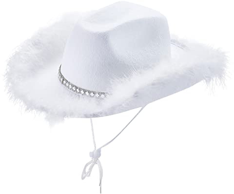 Geagodelia Filz Cowboyhut Damen Flauschig mit Federn Krempe Tiara Cowgirl Kostüm Hut Erwachsene Halloween Kostüme Hut Karneval Partyhut (Weiß B, Einheitsgröße )