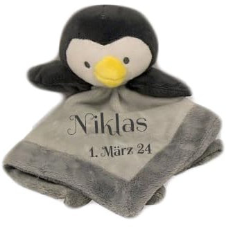 Wuff-Dogsworld Baby Kuscheltuch VIELE Modelle mit Namen Bestickt Geschenk Taufe Geburt Schmusetuch Schnuffeltuch Trösterchen Junge Mädchen (Pinguin groß)