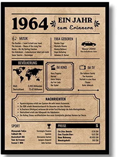 EQUIK PRODUCTS Geburtstagskarte 1964 | Vintage Poster, Geburtsjahr 1964 | Glückwunschkarte, Originelles Geschenk für Männer und Frauen | Partydekoration