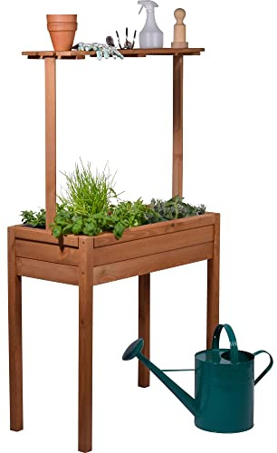 dobar® 58256FSCe Hochbeet Florenz Massiv-Holz | Salatbeet mit erhöhter Ablage | Balkonbeet Schmal | Erhöhtes Gemüsebeet inklusive Pflanzvlies | 80 x 40 x 145 cm | Braun