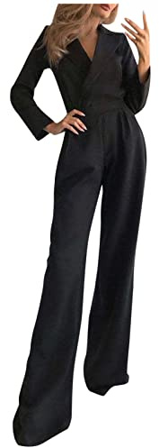 Byxkostym för kvinnor, bröllop, festlig, lång jumpsuit, elegant, långärmad overall, enfärgad, V-ringad, lekdräkt med vida ben, byxkostym, lekdräkt, affärskostym, overall- onesie, svart, XL